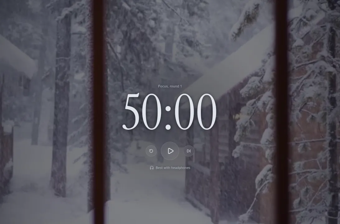 The HyperTuneIn player: a snowy cabin window scene with a 50-minute focus timer and a play button