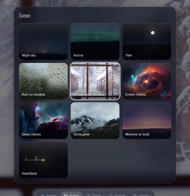 The Scene panel with ten scenes, including night sky, aurora, rain on window and a snowy cabin window