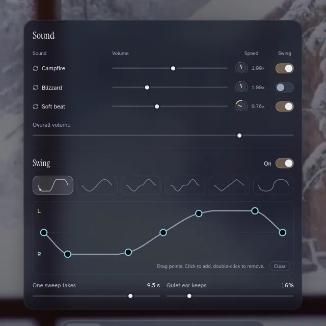 The Sound panel: three layers with volume, speed and swing switches, and the swing curve editor